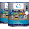 Zwei Dosen von plid Plid Buntlack - wetterfest & hochdeckend für innen & außen sind mit bunten Stühlen abgebildet. Die schnell trocknende, in Deutschland hergestellte Farbe ist ideal für lebendige Projekte im Innen- und Außenbereich.