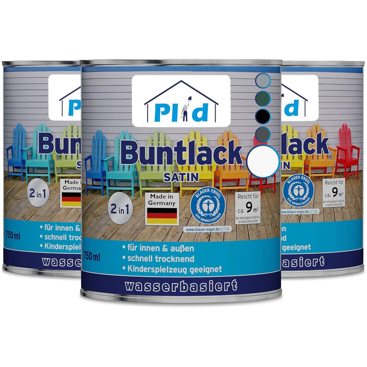 Abgebildet sind drei Dosen plid Plid® Möbellack Innen &amp; Außen - Buntlack für Möbel &amp; Holz mit farbenfrohen Stühlen, Produktdetails und Piktogrammen, die auf die Verwendung auf Möbeln/Holz im Innen- und Außenbereich, die schnelle Trocknung und die Deckkraft von bis zu 9 m² hinweisen.