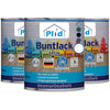 Abgebildet sind drei Dosen von plid Buntlack - wetterfest & hochdeckend für innen & außen, mit bunten Stühlen auf dem Etikett. Diese 2in1-Farbe ist für den Innen- und Außenbereich geeignet und wird in Deutschland hergestellt.