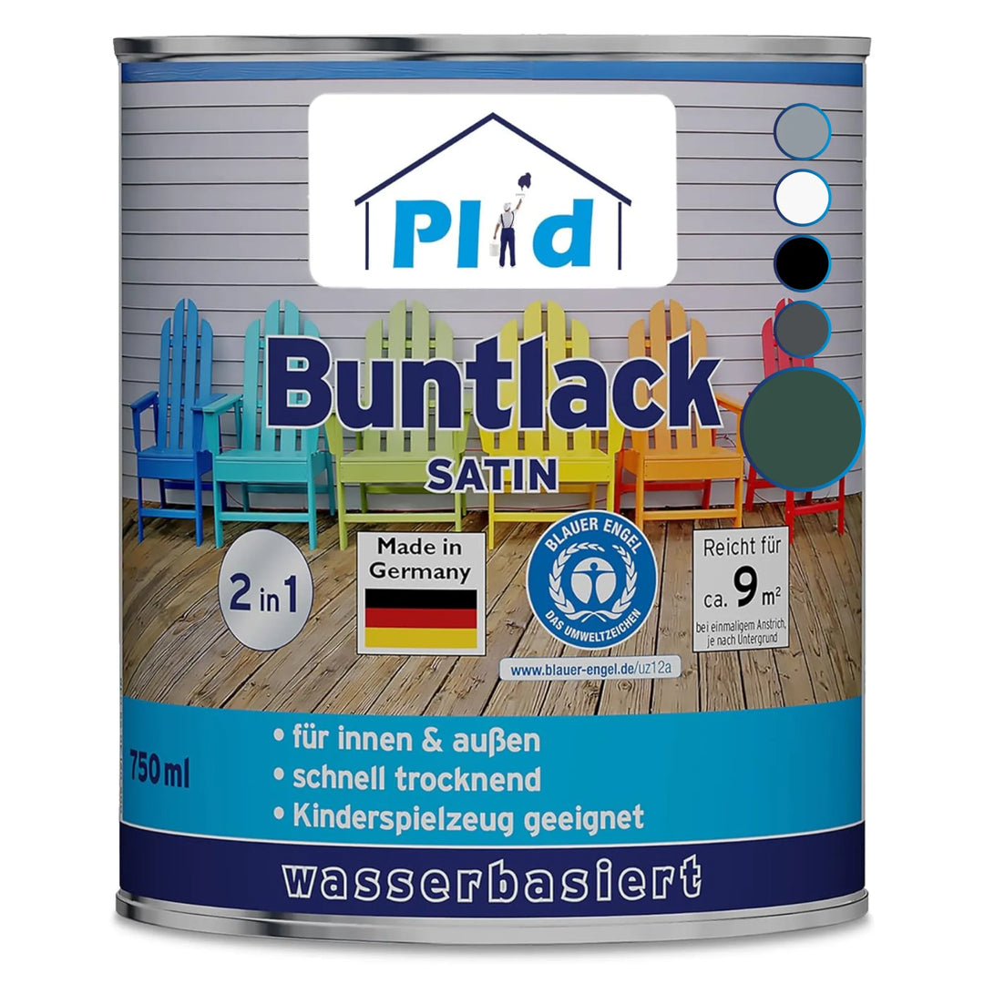 Eine Dose plid Plid® Möbellack Innen &amp; Außen - Buntlack für Möbel &amp; Holz zeigt auf dem Etikett bunte Stühle, Farbmuster und einen deutschen Text, der seine Verwendung als wasserverdünnbarer Lack für vielseitige Möbelprojekte im Innen- und Außenbereich hervorhebt.