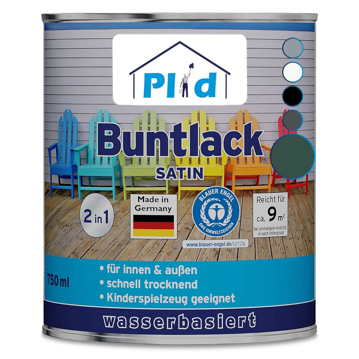 Eine Dose plid Plid® Möbellack Innen &amp; Außen - Buntlack für Möbel &amp; Holz zeigt auf dem Etikett bunte Stühle, Farbmuster und einen deutschen Text, der seine Verwendung als wasserverdünnbarer Lack für vielseitige Möbelprojekte im Innen- und Außenbereich hervorhebt.