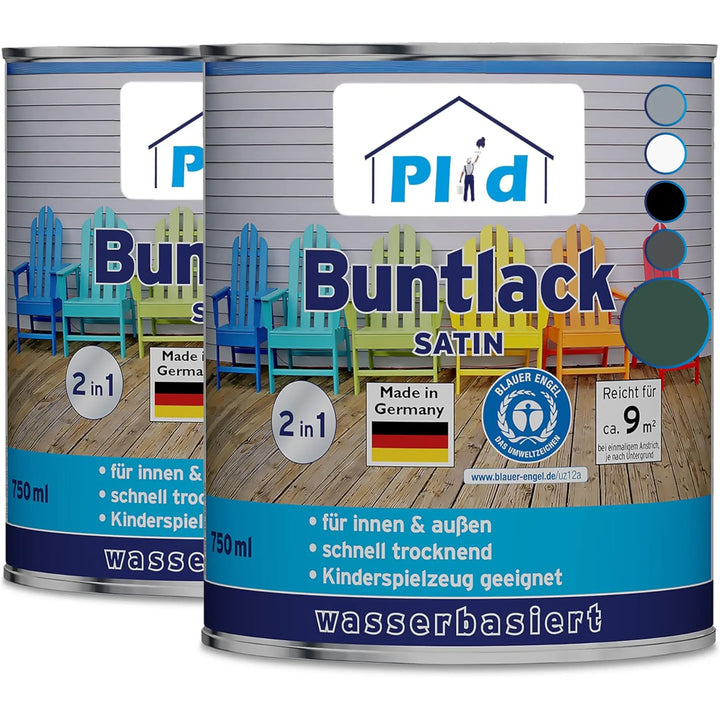 Abgebildet sind zwei Dosen plid Plid® Möbellack Innen &amp; Außen - Buntlack für Möbel &amp; Holz. Auf den Etiketten sind bunte Stühle, deutscher Text und Symbole abgebildet, die zeigen, dass dieser schnell trocknende Lack für den Innen- und Außenbereich sowie für Kinderspielzeug geeignet ist.