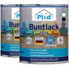 Abgebildet sind zwei Dosen plid Buntlack - wetterfest & hochdeckend für innen & außen mit Etiketten, auf denen bunte Stühle und Muster abgebildet sind. Diese 2in1-Farbe ist für Holz und Metall, für den Innen- und Außenbereich geeignet und in Deutschland hergestellt.