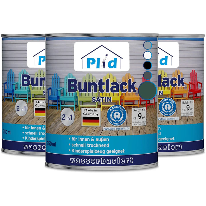Abgebildet sind drei Dosen plid® Möbellack Innen &amp; Außen - Buntlack für Möbel &amp; Holz, die jeweils 9 m² abdecken. Die schnelltrocknende Farbe auf Wasserbasis von plid ist für den Innen- und Außenbereich geeignet; das Etikett zeigt bunte Stühle.