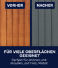 Geteiltes Bild: Links braune Holzpaneele "Vorher", rechts grau gestrichen mit plid Buntlack - wetterfest & hochdeckend für innen & außen "Nachher". Der Lack für Holz und Metall von plid, perfekt für drinnen & draußen.