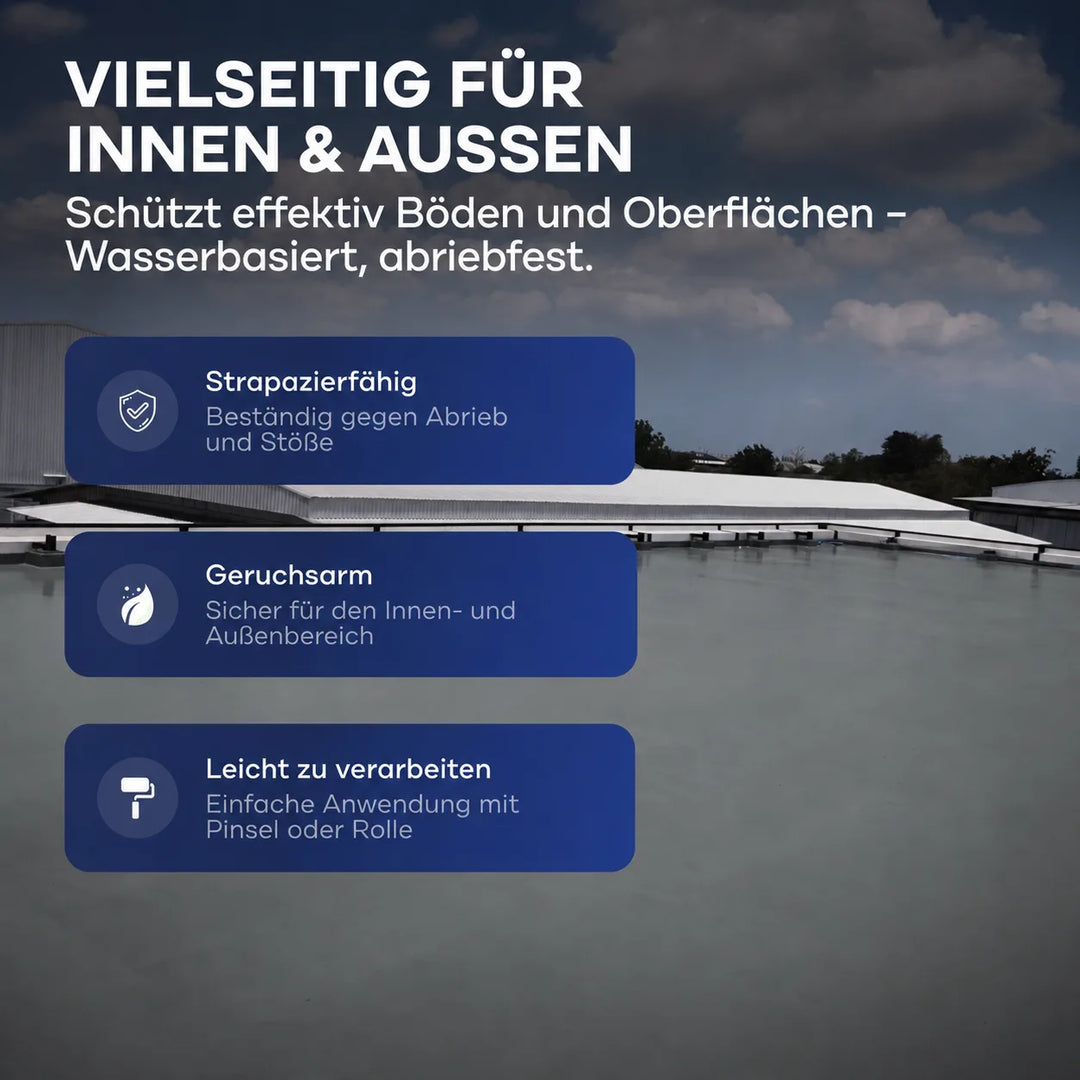Ein Dach unter bewölktem Himmel. Text zeigt plid Flüssigkunststoff Bodenbeschichtung für Innen &amp; Außen - Betonfarbe: wasserbasiert, abriebfest, geruchsarm, einfaches Streichen/Rollen für den vielseitigen Einsatz im Innen- und Außenbereich.