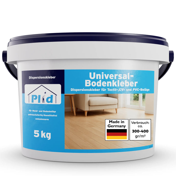 Ein 5 kg Eimer plid Universal Bodenkleber - stark haftend mit blau-weißem Etikett, ideal zum Verlegen von Textil-, CV- und PVC-Belägen. Lösemittelfreier Kleber. Made in Germany; Ergiebigkeit: 300-400 g/m².