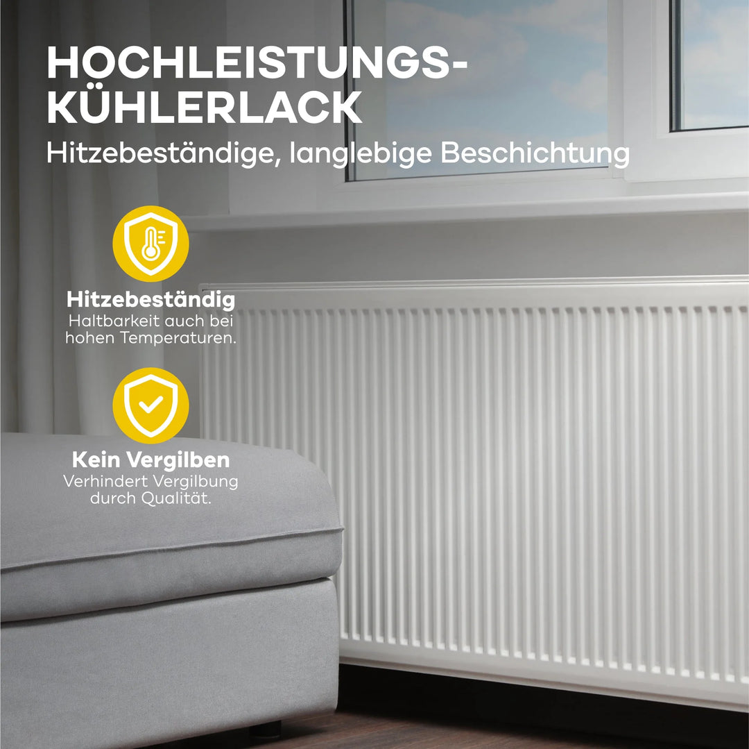 Ein weißer Heizkörper unter einem Fenster neben einem hellgrauen Sofa, veredelt mit plid Heizkörperlack LH. Piktogramme heben die Hitzebeständigkeit und den Rostschutz hervor, die eine dauerhafte Leistung gewährleisten und ein Vergilben verhindern.