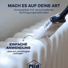 Ein Pinsel trägt plid Heizkörperlack LH auf einen Heizkörper auf. Dazu: Mach es auf deine Art - kompatibel mit vielen Auftragsmethoden. Pfeil zur Farbe: Einfache Anwendung, schützt zuverlässig vor Rost.