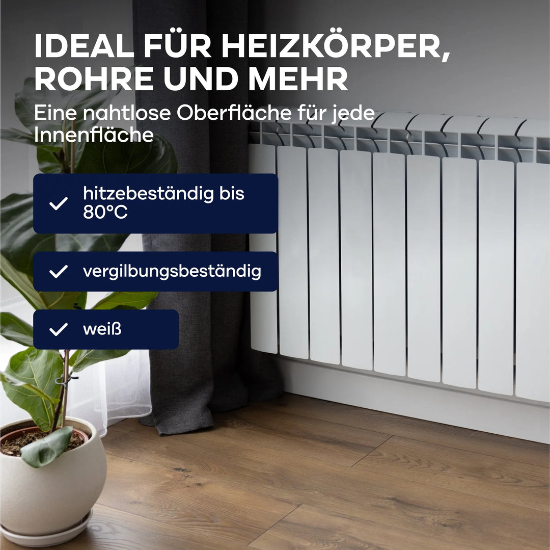 Ein moderner weißer Heizkörper in Fensternähe mit Zimmerpflanzen auf einem Holzboden, beschichtet mit plid Heizkörperlack LH: hitzebeständig bis 80°C, vergilbungsbeständig, Rostschutz; geeignet für Heizkörper, Rohre &amp; mehr.