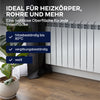 Vor einer weißen Wand steht ein Heizkörper; der Text hebt den hitzebeständigen plid Heizkörperlack LH mit Rostschutz hervor - ideal für Heizkörper, Rohre und mehr.
