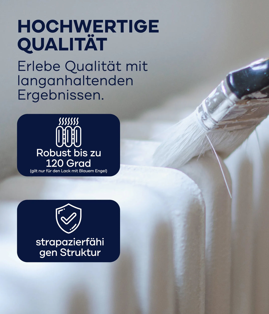 Ein Pinsel trägt plid Heizkörperlack LF - Lackierset auf einen Heizkörper auf. Text: "HOCHWERTIGE QUALITÄT - Langanhaltende Ergebnisse." Zwei blaue Kästen heben temperaturbeständige Robustheit bis 120 °C hervor.