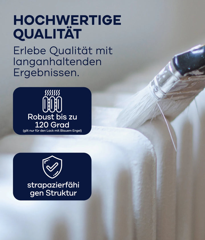 Eine Nahaufnahme zeigt, wie ein Pinsel Plid Heizkörperlack LF von plid aufträgt. Der lösemittelfreie Lack überzeugt durch hochwertige Qualität, ist hitzebeständig bis 120°C, geruchsarm und besonders strapazierfähig.