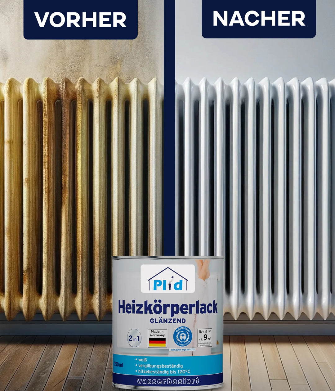 Ein nebeneinanderliegender Vergleich eines Heizkörpers: der linke (Vorher) ist rostig und verfärbt, der rechte (Nacher) ist sauber und weiß. Vorne ist plid Heizkörperlack LF - Lackierset schnelltrocknend.