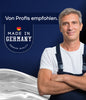 Ein lächelnder Mann in Latzhose steht mit verschränkten Armen neben einer Made in Germany-Plakette. Darüber: "Von Profis empfohlen". Der dunkelblaue Hintergrund mit einer silbernen Welle hebt plid Heizkörperlack LF - Lackierset, temperaturbeständig hervor.