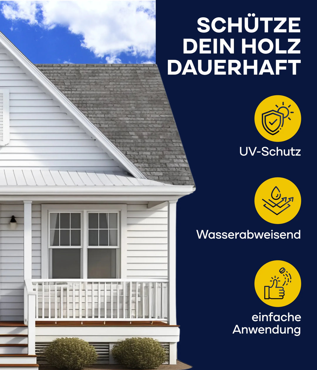 Ein weißes Haus mit einer Veranda und einem grauen Dach steht unter einem blauen Himmel. Rechts weisen deutsche Texte und Symbole auf das Holz-Isoliergrund - Anstreichset von plid für UV-Schutz, Wasserbeständigkeit, Holzversiegelung und einfache Anwendung hin.