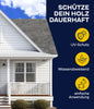 Ein weißes Haus mit grauem Dach und Veranda steht unter einem klaren blauen Himmel. Rechts hebt der deutsche Text plid Holz-Isoliergrund - Anstreichset: UV-Schutz, wasserabweisend, einfache Anwendung mit gelben Symbolen auf dunklem Blau.