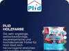 Eine Dose PLID Holzfarbe wird mit einem beschreibenden Text gezeigt, der die Wetterbeständigkeit, Elastizität und Deckkraft hervorhebt. Neben der Dose sind vier Farbmuster abgebildet, und das PLID-Logo befindet sich oben auf der Dose.