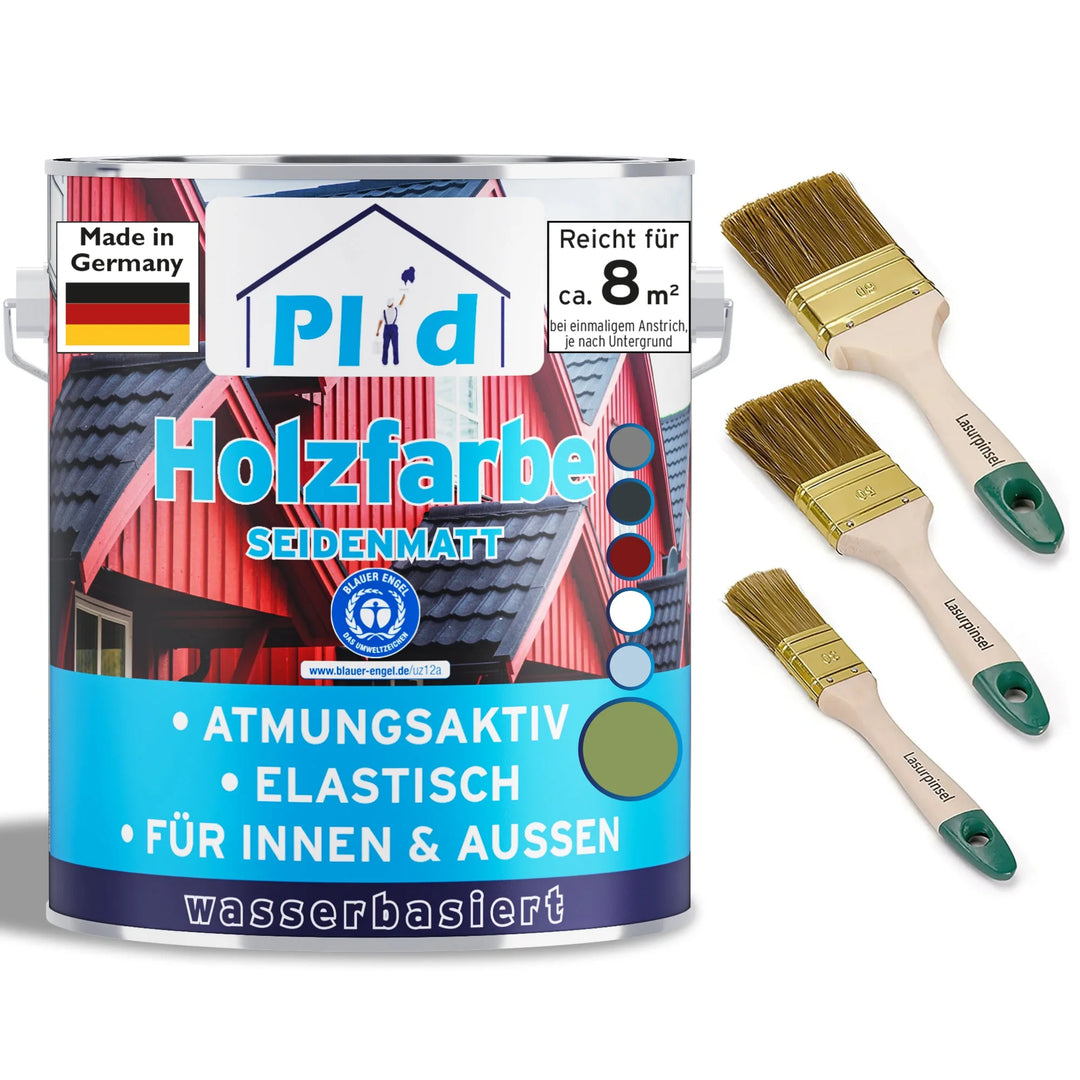 Eine Dose plid Holzfarbe - Anstreichset, geeignet für den Innen- und Außenbereich mit seidenmattem Finish, ist neben drei Pinseln abgebildet. Die Dose zeigt ein rotes Haus und deutschen Text auf dem Etikett - ideal für Holzschutz.