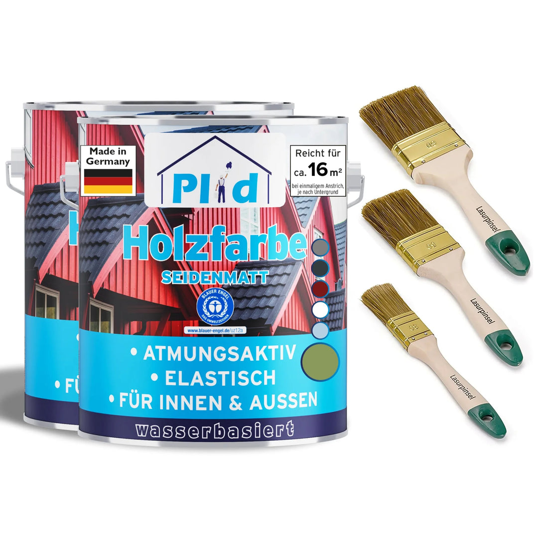 Zwei Dosen plid Holzfarbe mit deutschem Etikett und Hausmotiv sowie ein plid Holzfarbe - Anstreichset mit drei Pinseln mit Holzgriff und grünen Akzenten, ideal für den perfekten Holzschutz.