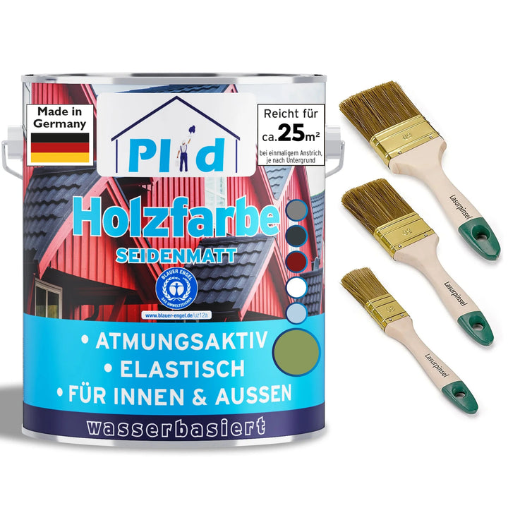 Eine Dose plid Holzfarbe - Anstreichset Holzfarbe mit rotem Hausetikett, deutschem Text und drei Pinseln. Eigenschaften: seidenmatt, atmungsaktiv, Holzschutz für innen &amp; außen - das perfekte Anstreichset.