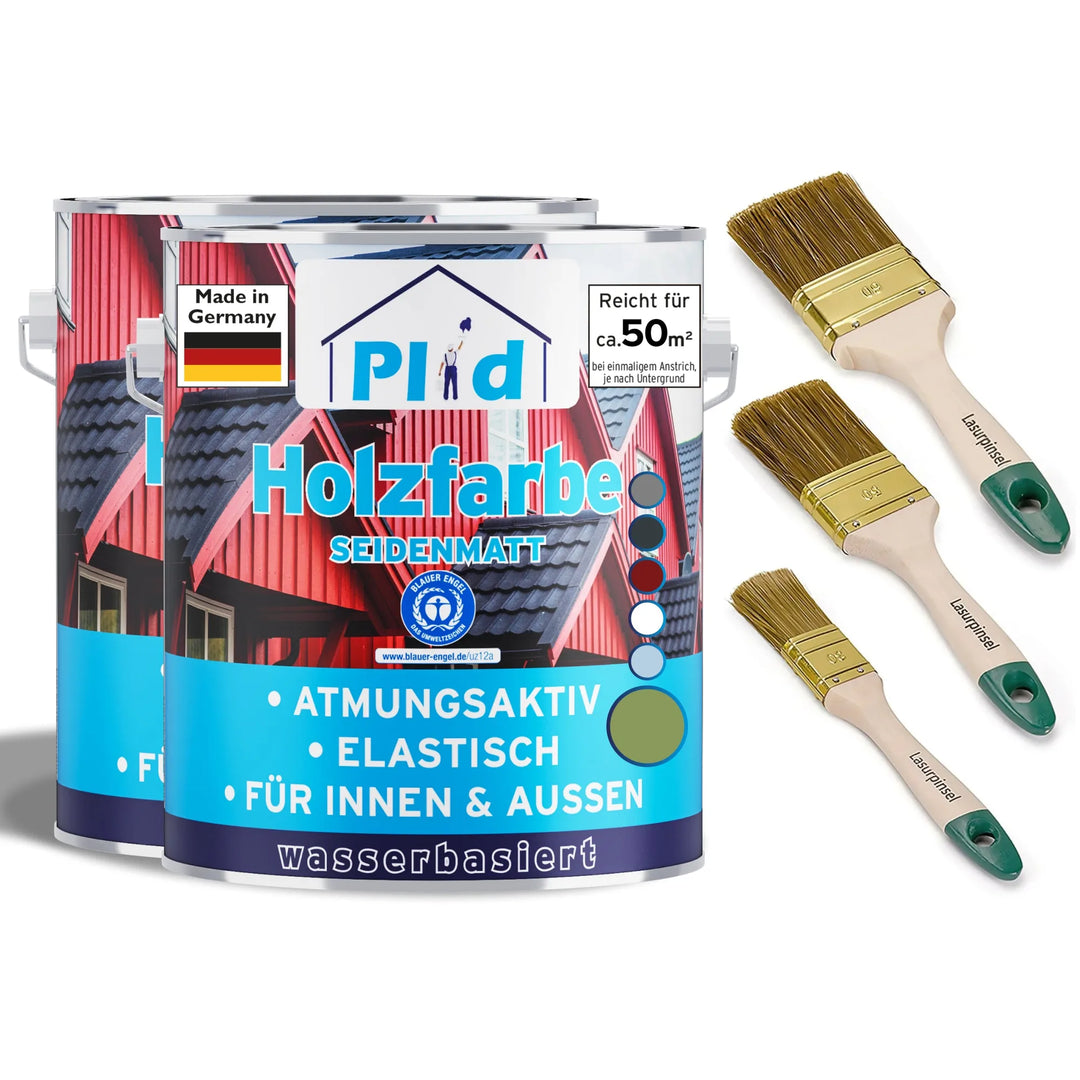 Abgebildet sind zwei Dosen plid Holzfarbe - Anstreichset für innen/außen vor einer roten Hausdarstellung, daneben drei Pinsel. Dieses Set auf Wasserbasis bietet elastischen, atmungsaktiven Holzschutz für dauerhafte Schönheit.