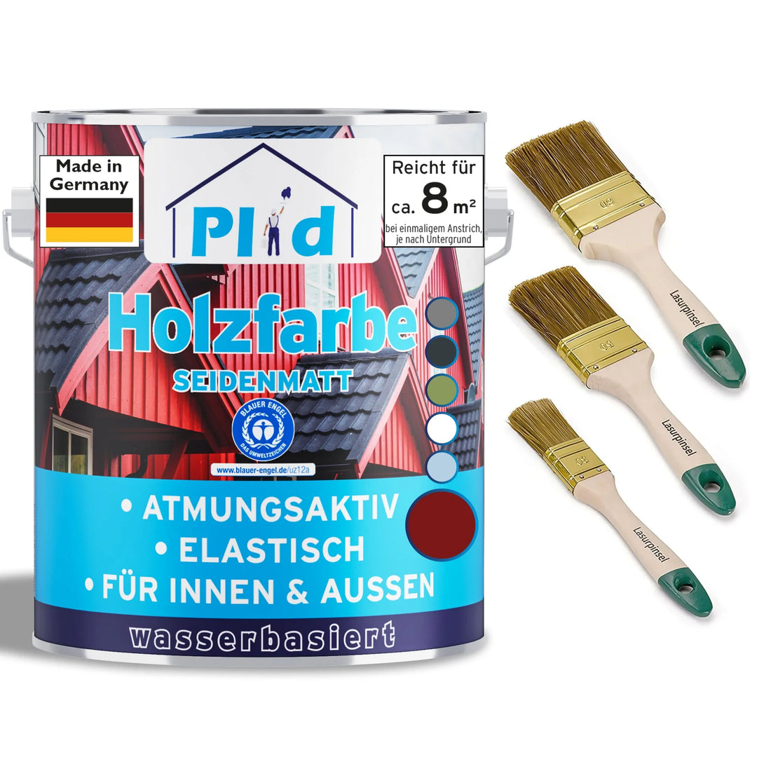 Eine Dose plid Holzfarbe - Anstreichset hat ein rotes Hausmotiv, eine deutsche Beschriftung, Farbwahlsymbole und enthält drei rechts davon angeordnete Pinsel mit Holzgriff.