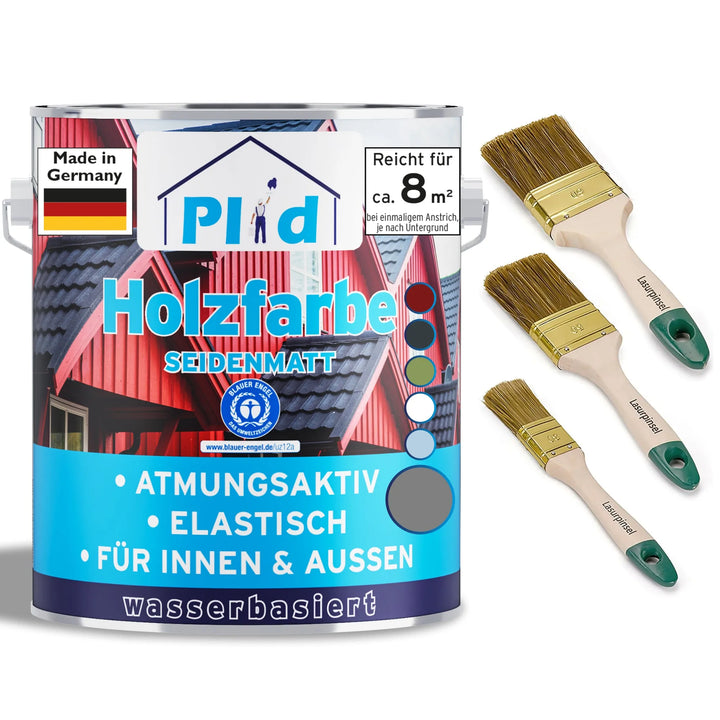 Eine Dose plid Holzfarbe - Anstreichset mit halbmatter Innen-/Außenfarbe und drei Pinseln zeigt bunte Hausbilder und deutsche Produktdetails, die Atmungsaktivität und Elastizität hervorheben.