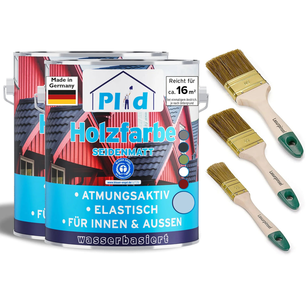 Zwei große plid Holzfarbe - Anstreichset Dosen mit blauen Etiketten erscheinen neben drei Pinseln, perfekt für den Holzschutz innen und außen. Auf den Dosen steht "Made in Germany".