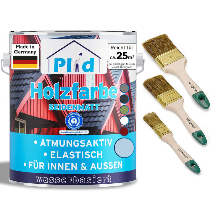 Eine Dose plid Holzfarbe - Anstreichset mit deutscher Beschriftung und rot gestrichenen Häusern stellt den hervorragenden Holzschutz zur Schau. Drei Pinsel mit grünem Griff, die zu jedem Malset passen, stehen neben einer deutschen Flagge.