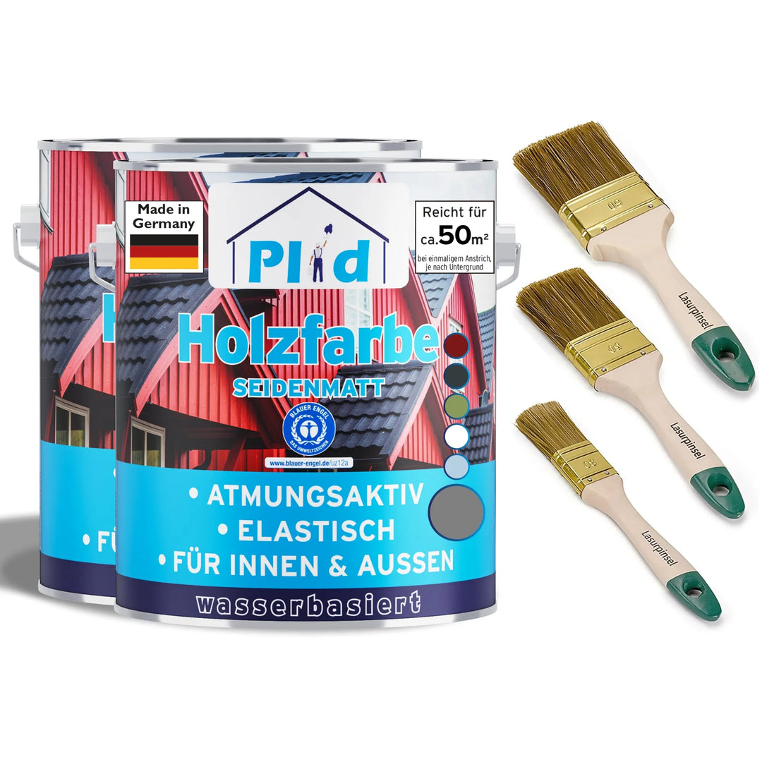 Das plid Holzfarbe - Anstreichset enthält zwei Dosen Holzfarbe mit Hausetikett und drei Pinsel. Der blaue Text hebt die matten, atmungsaktiven, elastischen und wasserbasierten Holzschutz-Eigenschaften hervor.