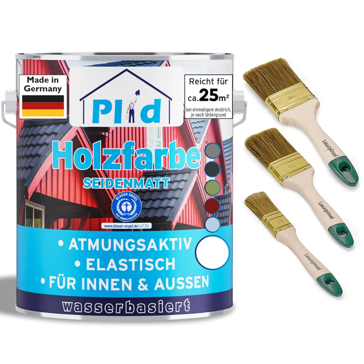 Eine Dose plid Holzfarbe - Anstreichset mit deutschem Etikett, einem roten Hausbild, Deckkraftangaben und drei Pinseln. Diese Farbe auf Wasserbasis bietet Holzschutz für innen und außen und ist stolz darauf, in Deutschland hergestellt zu werden.