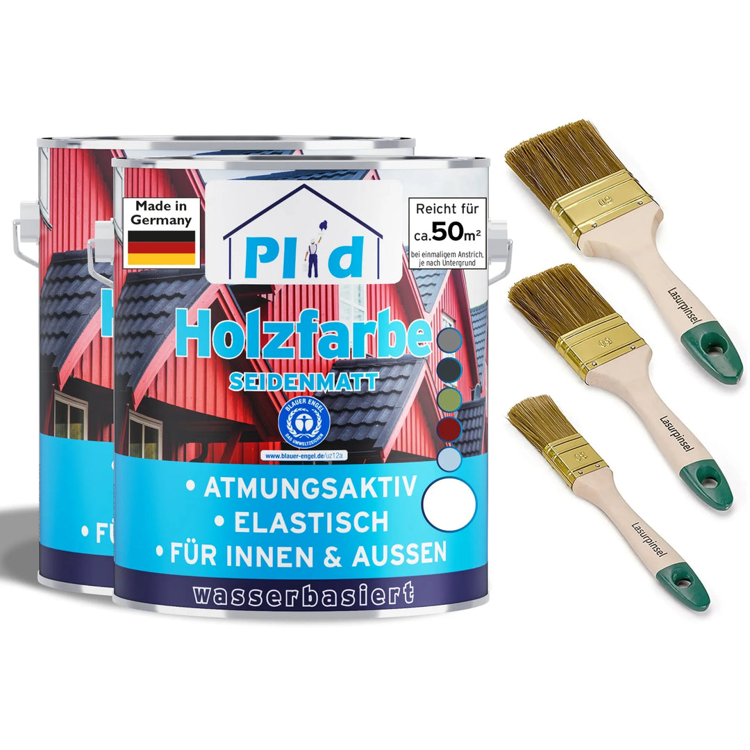 Das plid Holzfarbe - Anstreichset enthält zwei Dosen seidenmatte Holzfarbe auf Wasserbasis mit deutschem Etikett und Hausmotiv sowie drei Pinsel mit Holzstiel - ideal für effektiven Holzschutz bei Ihrem nächsten Projekt.