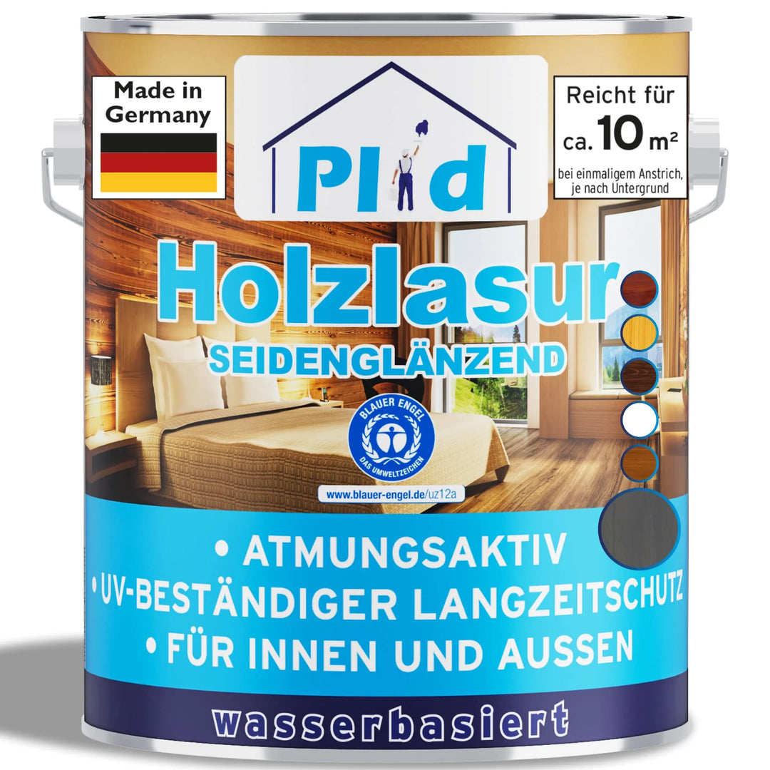 Eine Dose plid Plid Holzlasur für innen &amp; außen - wetterfest &amp; atmungsaktiv, eine halbglänzende, wasserbasierte, UV-beständige deutsche Holzlasur. Das Etikett zeigt ein Wohnzimmer und Produktangaben in deutscher Sprache. Geeignet für den Innen- und Außenbereich.