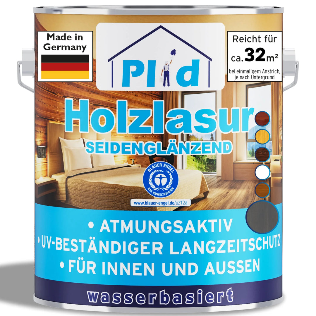 Eine Dose plid Plid Holzlasur für innen &amp; außen - wetterfest &amp; atmungsaktiv, made in Germany und auf Wasserbasis. Deckt 32 m² ab, ist UV-beständig, für den Innen- und Außenbereich geeignet und zeigt ein Wohnzimmermotiv.