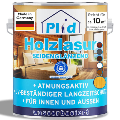 Eine Dose plid Plid Holzlasur für innen & außen mit blauen Akzenten, dargestellt in einem gemütlichen Holzzimmer. Text: atmungsaktiv, UV-beständig, wetterfest & langlebiger Holzschutz, wasserbasiert - ideal für drinnen & draußen.