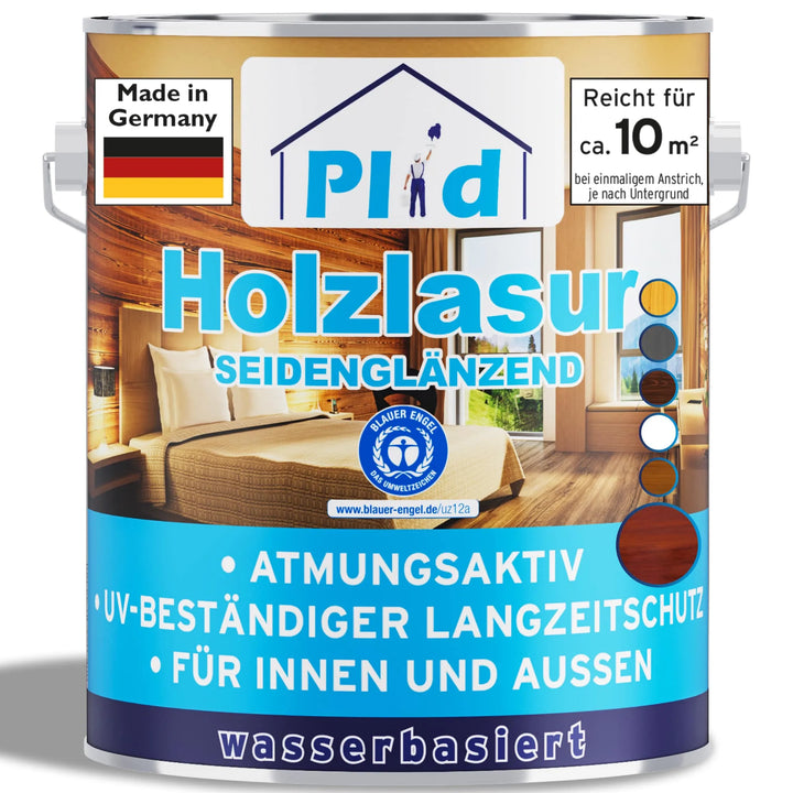 Eine Dose plid Plid Holzlasur für innen &amp; außen in Deutsch für Holzoberflächen. Deckt 10m², wasserbasiert, wetterfest, atmungsaktiv, mit UV-Schutz und Holzschutz-ideal für den Innen- und Außenbereich.