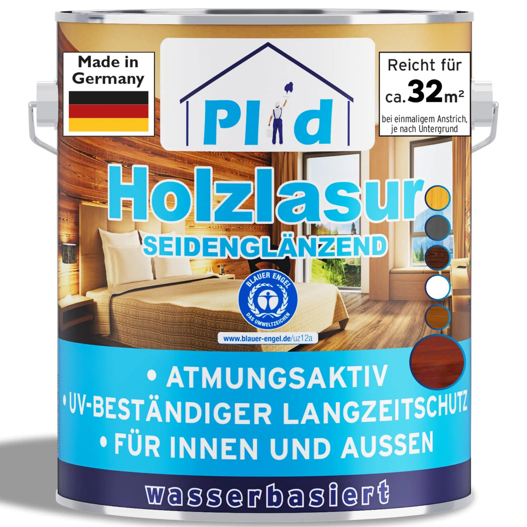 Eine Dose plid Holzlasur für innen &amp; außen - wetterfest &amp; atmungsaktiv, eine Holzlasur für den Innen- und Außenbereich. Das Etikett zeigt Holzwände, eine Deutschlandflagge und weist auf Wetterfestigkeit, Atmungsaktivität und UV-Schutz hin.