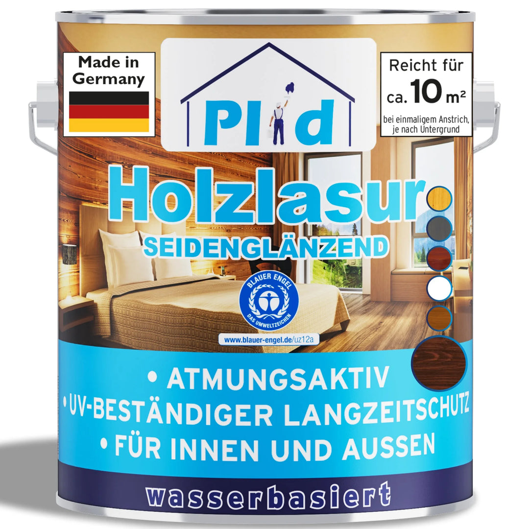 Eine Dose mit der Aufschrift plid Plid Holzlasur für innen &amp; außen zeigt Holzstrukturen und einen deutschen Text, der darauf hinweist, dass es sich um eine wasserbasierte, halbglänzende, wetterfeste &amp; atmungsaktive Holzlasur für den Innen- und Außenbereich handelt.