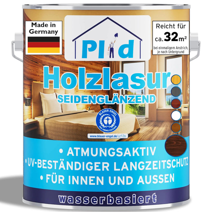 Eine Dose plid Plid Holzlasur für innen &amp; außen - wetterfest, atmungsaktiv, UV- und Holzschutz - hat eine seidenglänzende Oberfläche. Das deutsche Etikett zeigt ein Wohnzimmer mit Holzwänden. Deckt 32 m² ab.
