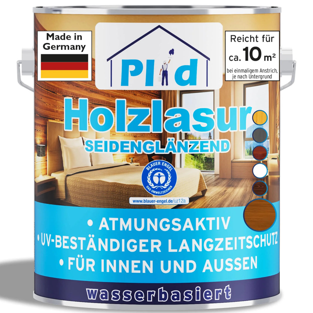 Eine Dose plid Holzlasur für innen &amp; außen-wetterfest, atmungsaktiv, UV-beständig und langlebig. Seidenmatte Holzlasur auf Wasserbasis für den Innen- und Außenbereich. Made in Germany; gemütliches Zimmerbild auf dem Etikett.