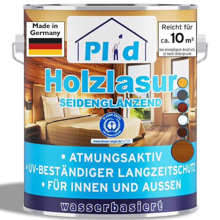 Eine Dose plid Holzlasur für innen &amp; außen-wetterfest, atmungsaktiv, UV-beständig und langlebig. Seidenmatte Holzlasur auf Wasserbasis für den Innen- und Außenbereich. Made in Germany; gemütliches Zimmerbild auf dem Etikett.