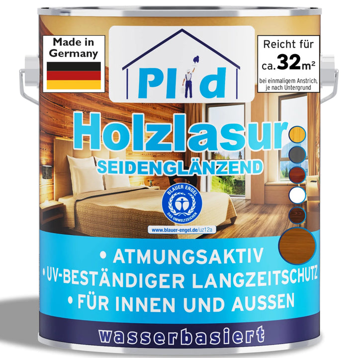 Eine Dose plid Holzlasur für innen &amp; außen - wetterfest &amp; atmungsaktiv bietet UV-Schutz, Atmungsaktivität und Holzschutz. Made in Germany, auf Wasserbasis, deckt ca. 32m²; für innen und außen geeignet. Abgebildetes Wohnzimmer.