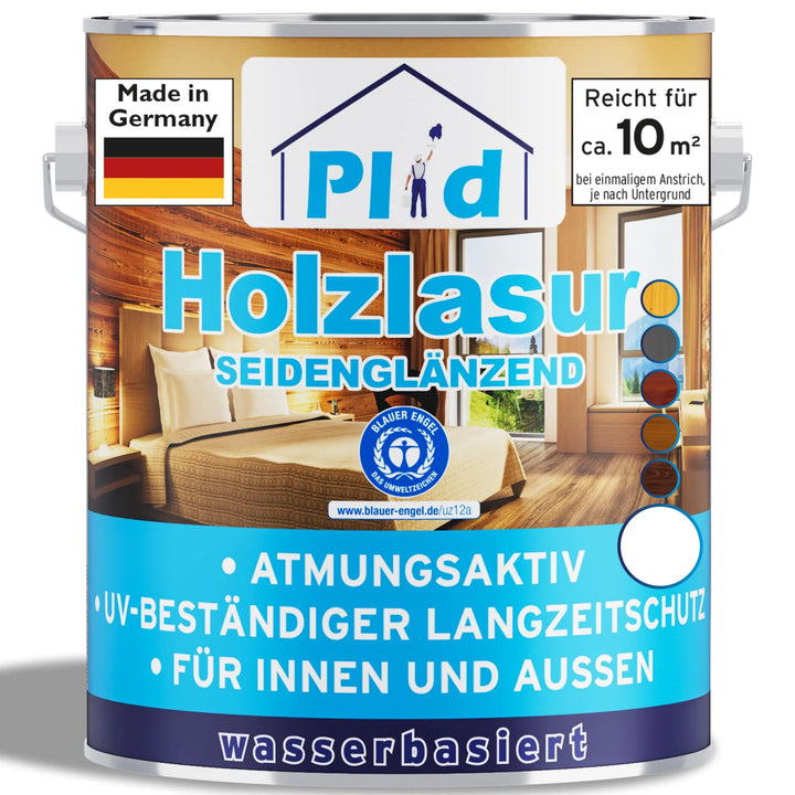 Eine Dose der plid Holzlasur für innen &amp; außen - wetterfest &amp; atmungsaktiv" zeigt ein modernes Holzwohnzimmer, blaue Icons und einen deutschen Text, der die Wetterbeständigkeit, Atmungsaktivität, den UV-Schutz und die Eignung des Holzes für den Innen- und Außenbereich betont.