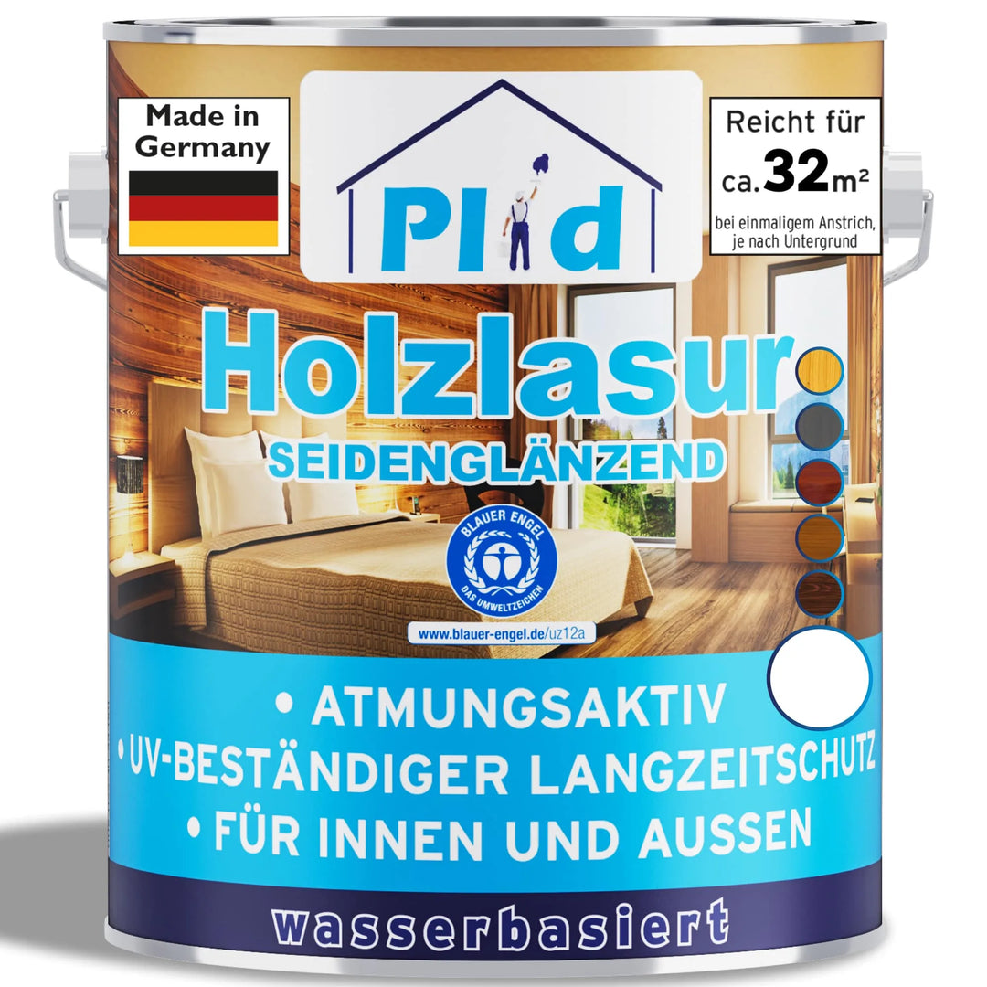 Eine Dose plid Holzlasur für innen &amp; außen von plid, eine Holzlasur auf Wasserbasis mit halbglänzender Oberfläche für den Innen- und Außenbereich. Bietet UV-Schutz, wetterfeste &amp; atmungsaktive Eigenschaften. Deckt ~32m². Made in Germany; Wohnzimmerabbildung auf dem Etikett.