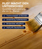 Der plid Holzschutzlasur - Pinselset Pinsel trägt einen Klarlack mit Alkydharzbinder auf Holz auf, trocknet in 12 Stunden, ist ideal für den Außenbereich und wird in Deutschland hergestellt.