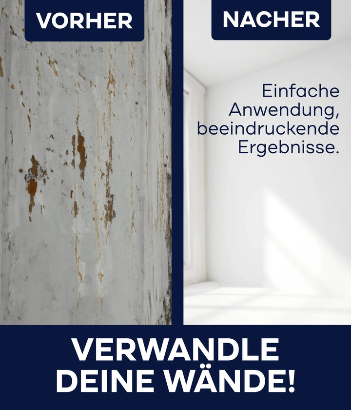 Geteiltes Bild: Links ist eine fleckige Wand mit der Aufschrift "Vorher" zu sehen, rechts ein heller weißer Raum mit der Aufschrift "Nachher". Text: "Einfache Anwendung, beeindruckende Ergebnisse mit plid Innenfarbe - hochdeckend, tropfarm &amp; geruchsarm.