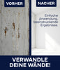 Geteiltes Bild: Links eine Wand mit abblätternder Farbe und Rostflecken (Vorher), rechts eine strahlend weiße Wand dank Plid Innenfarbe - hochdeckend, tropfarm & geruchsarm von plid. Unten: Verwandle deine Wände!.