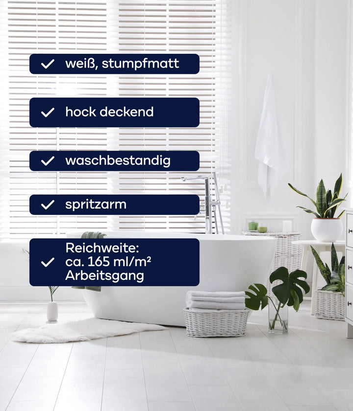 Ein helles, modernes Badezimmer mit weißer Badewanne, Grünpflanzen, Körben und weißen Jalousien. Textfelder zeigen plid Plid Innenfarbe Eigenschaften: weiß, stumpfmatt, hochdeckend, emissionsfrei &amp; Reichweite: ca. 165 ml/m².