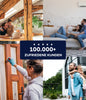 Eine Collage zeigt ein Paar mit Laptop, eine Familie auf einer Couch und jemanden, der mit plid Innenfarbe - hochdeckend, tropfarm & geruchsarm von plid malt. In der Mitte steht ein Schild: 100.000+ ZUFRIEDENE KUNDEN.